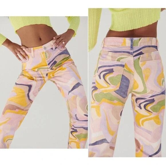 ZARA Straight Leg Abstract Swirl Print Jeans Size 2 Multicolor - Picture 4 of 11